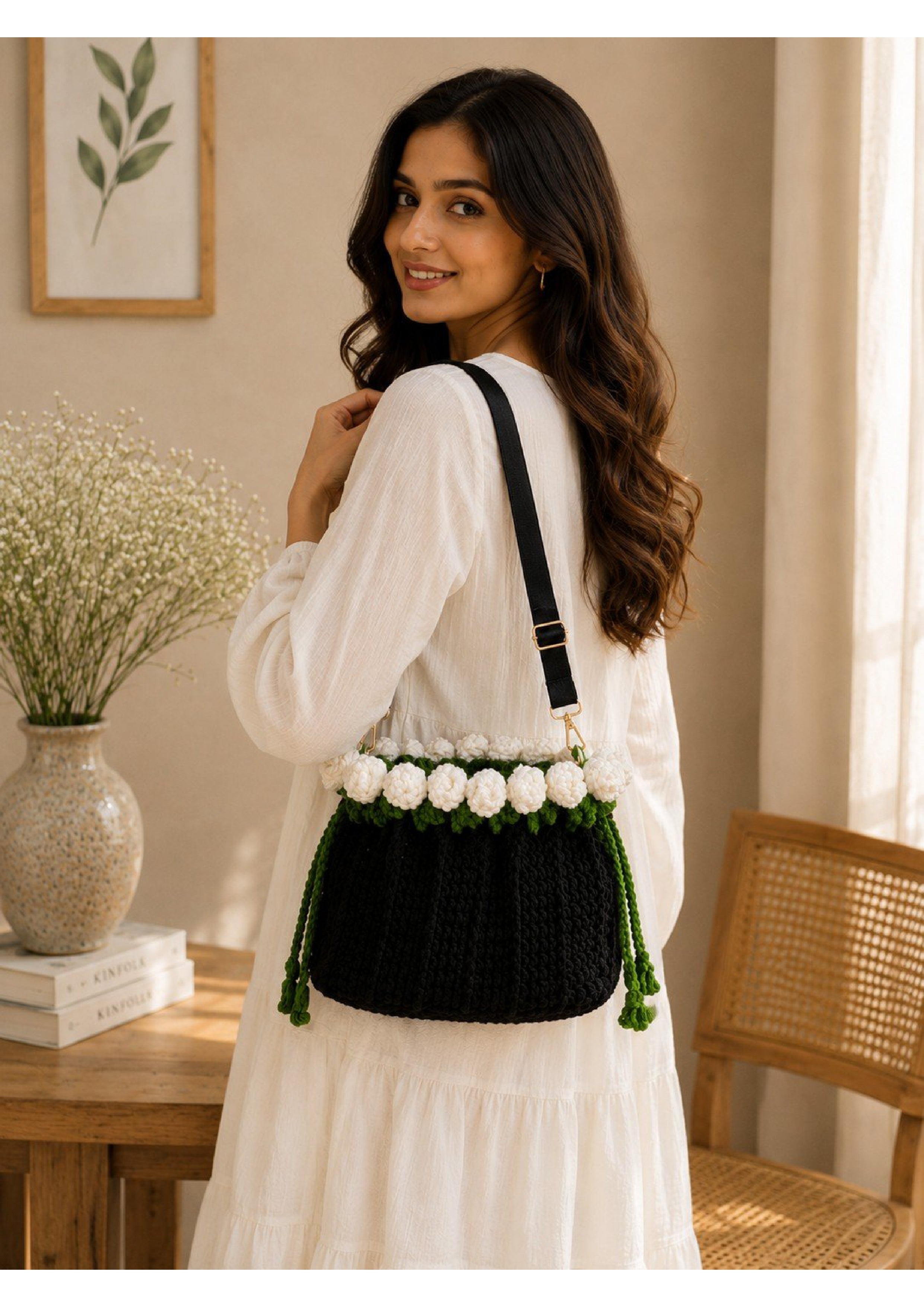 Handmade Knit Shoulder Bag – White Rosebud Trim Crochet Drawstring Purse