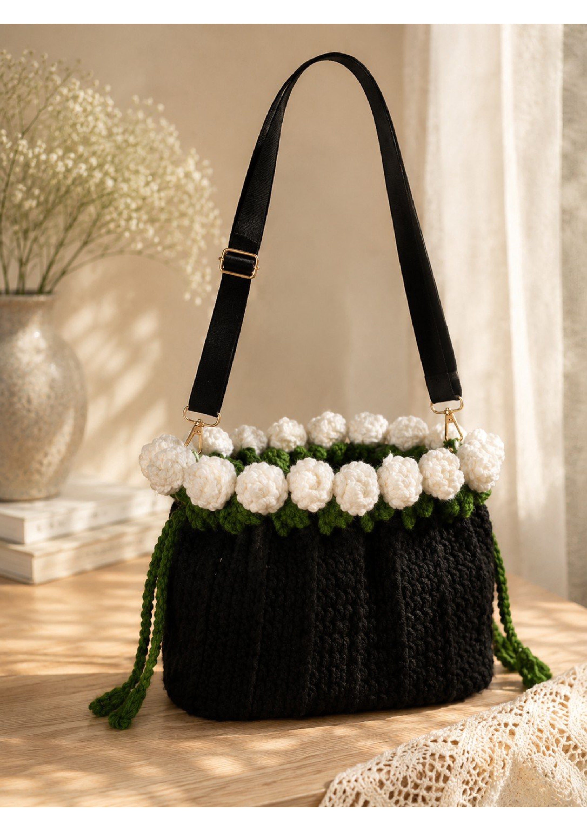 Handmade Knit Shoulder Bag – White Rosebud Trim Crochet Drawstring Purse