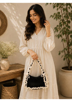 Handmade Crochet Ruffle Shoulder Bag – Minimalist Knit Baguette Purse with Bows