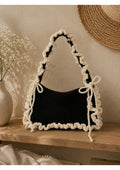 Handmade Crochet Ruffle Shoulder Bag – Minimalist Knit Baguette Purse with Bows