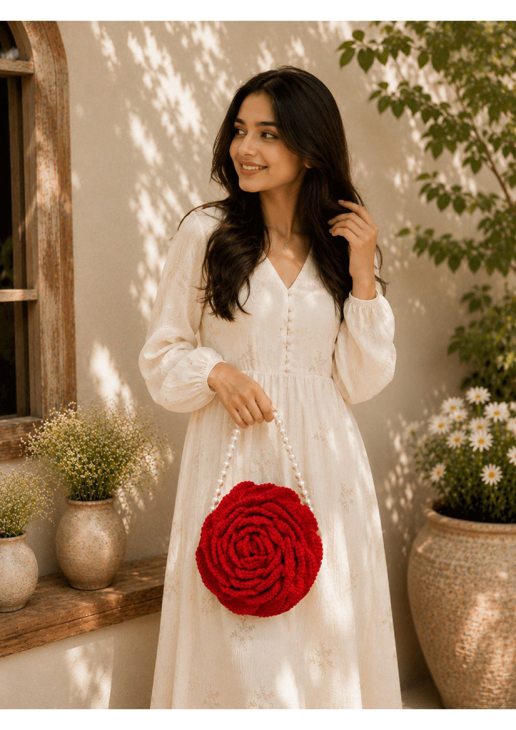 Handmade Crochet Red Rose Statement Bag – 3D Floral Purse with Pearl Handle