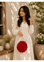 Handmade Crochet Red Rose Statement Bag – 3D Floral Purse with Pearl Handle