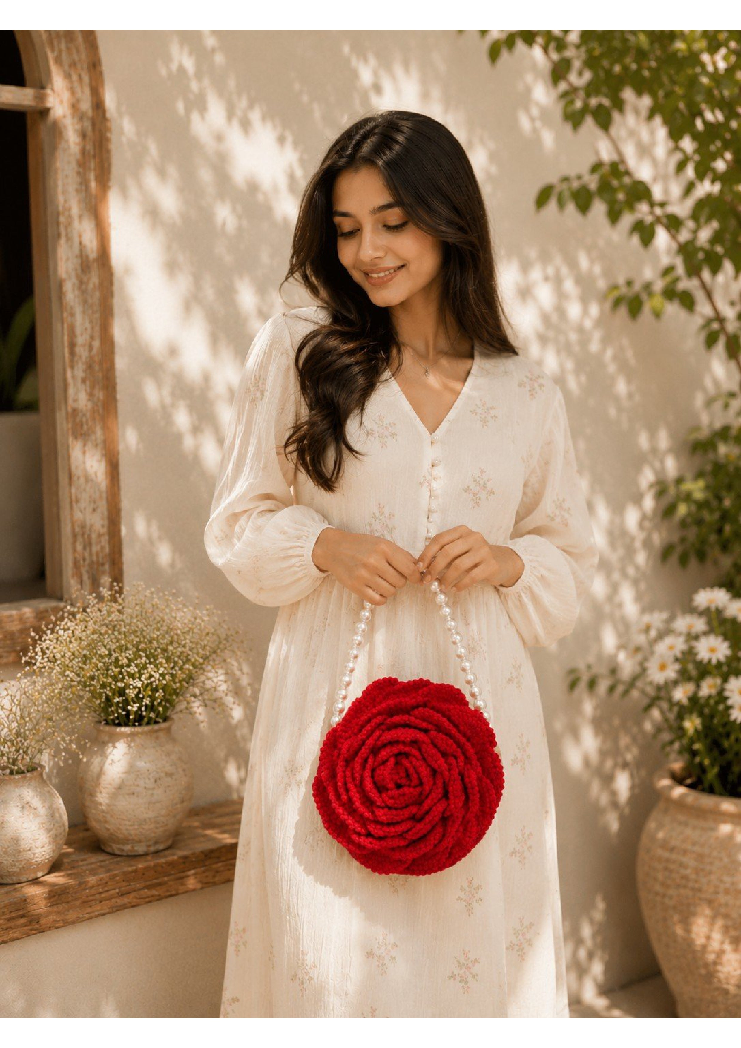 Handmade Crochet Red Rose Statement Bag – 3D Floral Purse with Pearl Handle