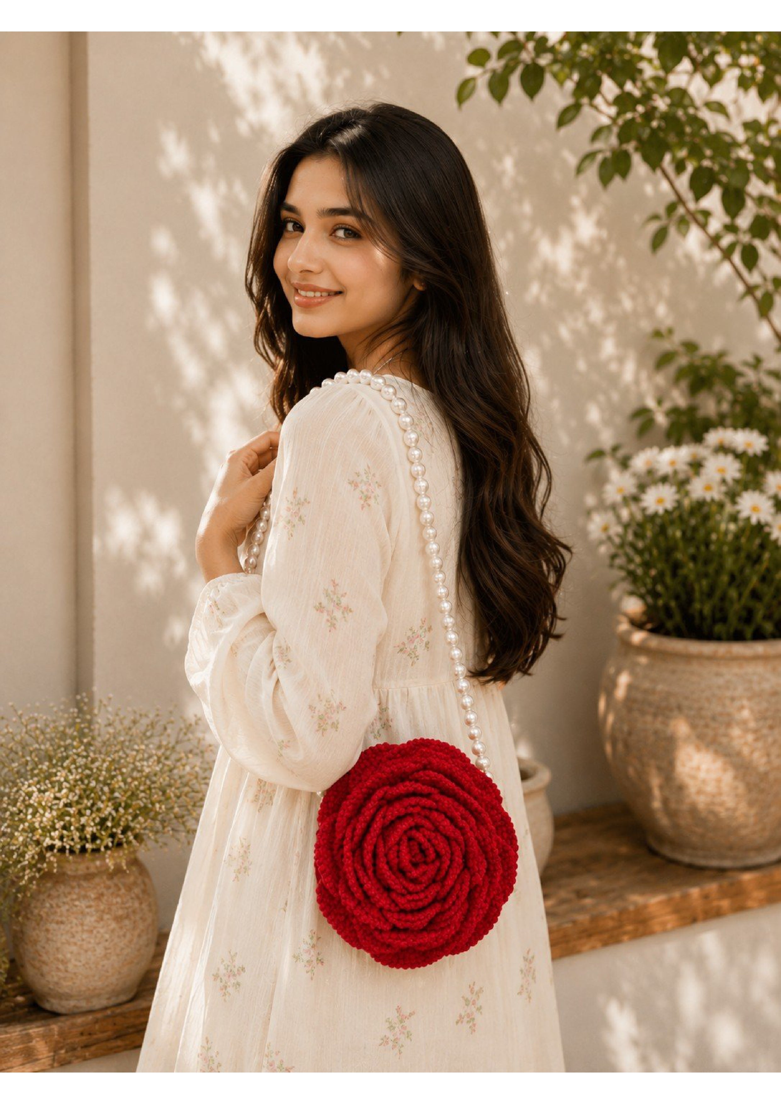 Handmade Crochet Red Rose Statement Bag – 3D Floral Purse with Pearl Handle