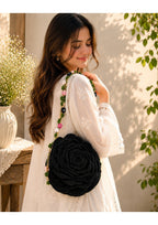Handmade Crochet Black Rose Crossbody Bag – 3D Floral Purse with Vine Chain Strap