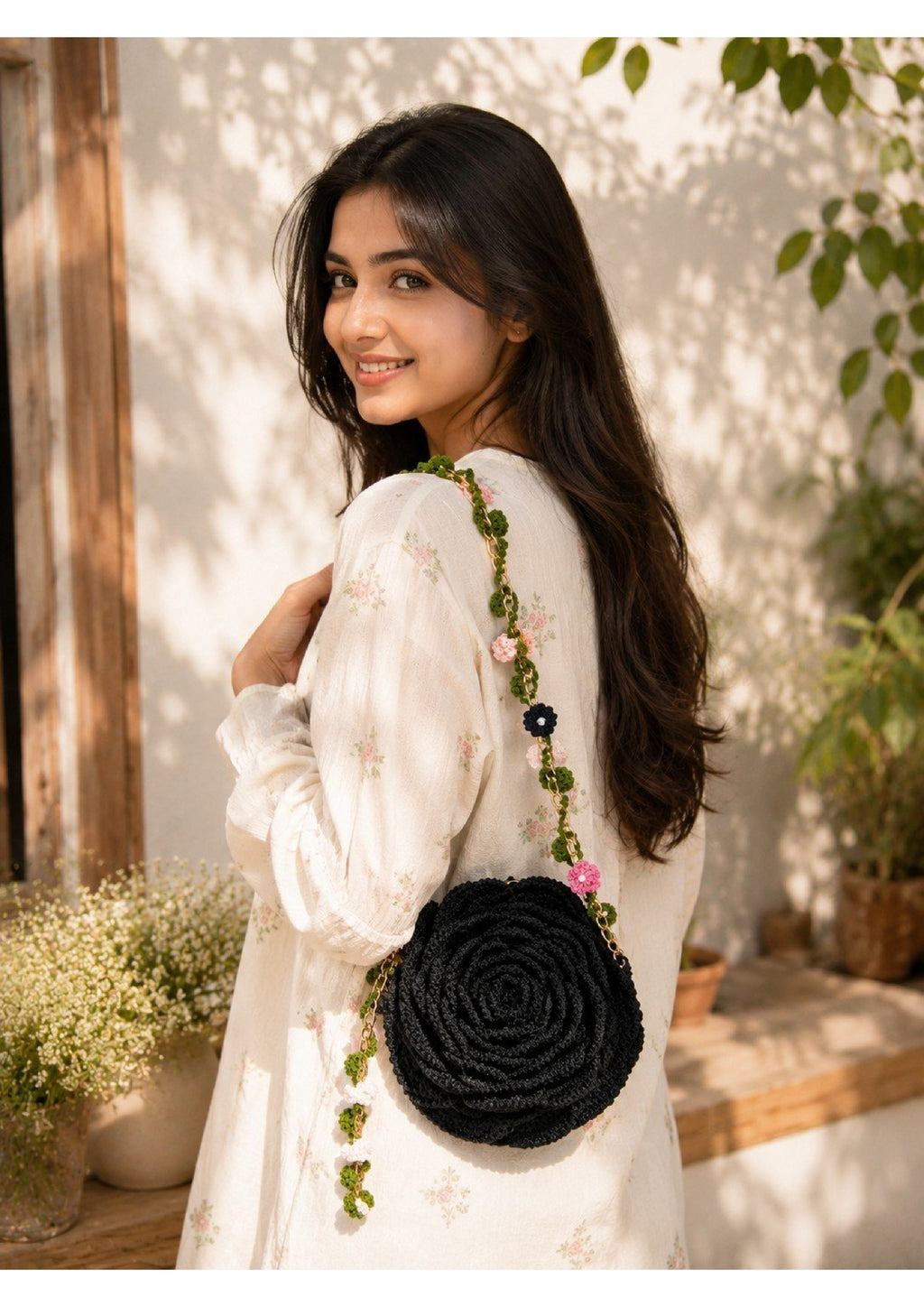 Handmade Crochet Black Rose Crossbody Bag – 3D Floral Purse with Vine Chain Strap