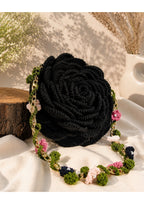 Handmade Crochet Black Rose Crossbody Bag – 3D Floral Purse with Vine Chain Strap