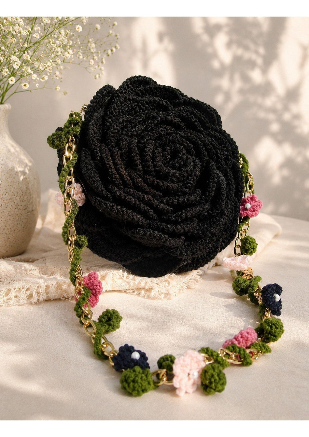 Handmade Crochet Black Rose Crossbody Bag – 3D Floral Purse with Vine Chain Strap