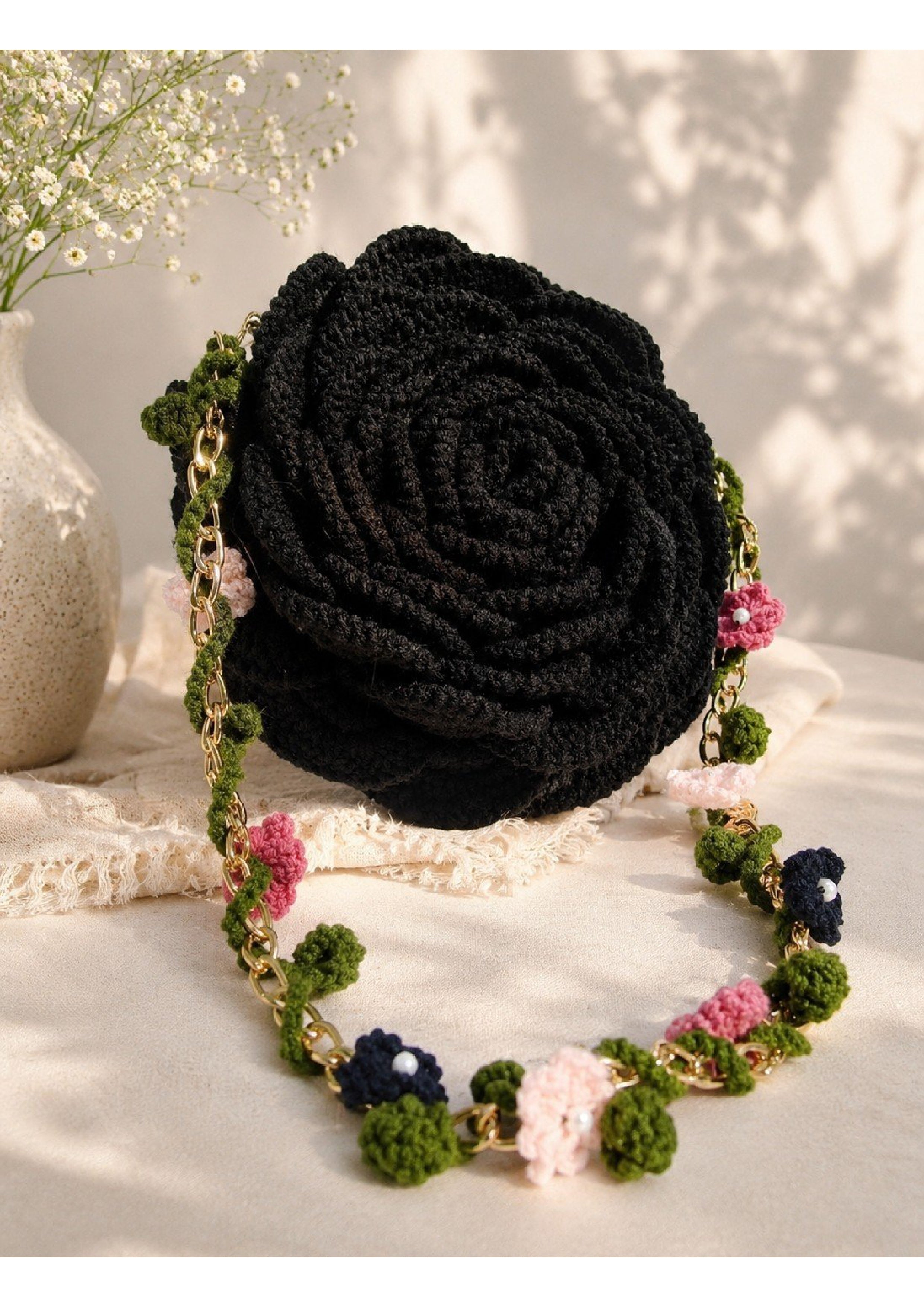 Handmade Crochet Black Rose Crossbody Bag – 3D Floral Purse with Vine Chain Strap