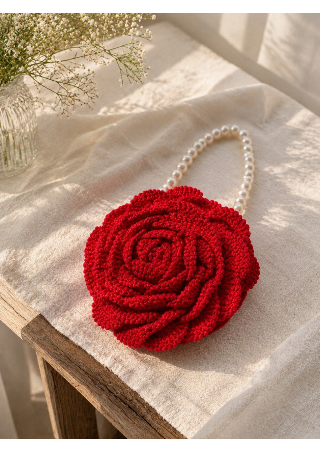 Handmade Crochet Red Rose Statement Bag – 3D Floral Purse with Pearl Handle