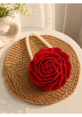 Handmade Crochet Red Rose Statement Bag – 3D Floral Purse with Pearl Handle