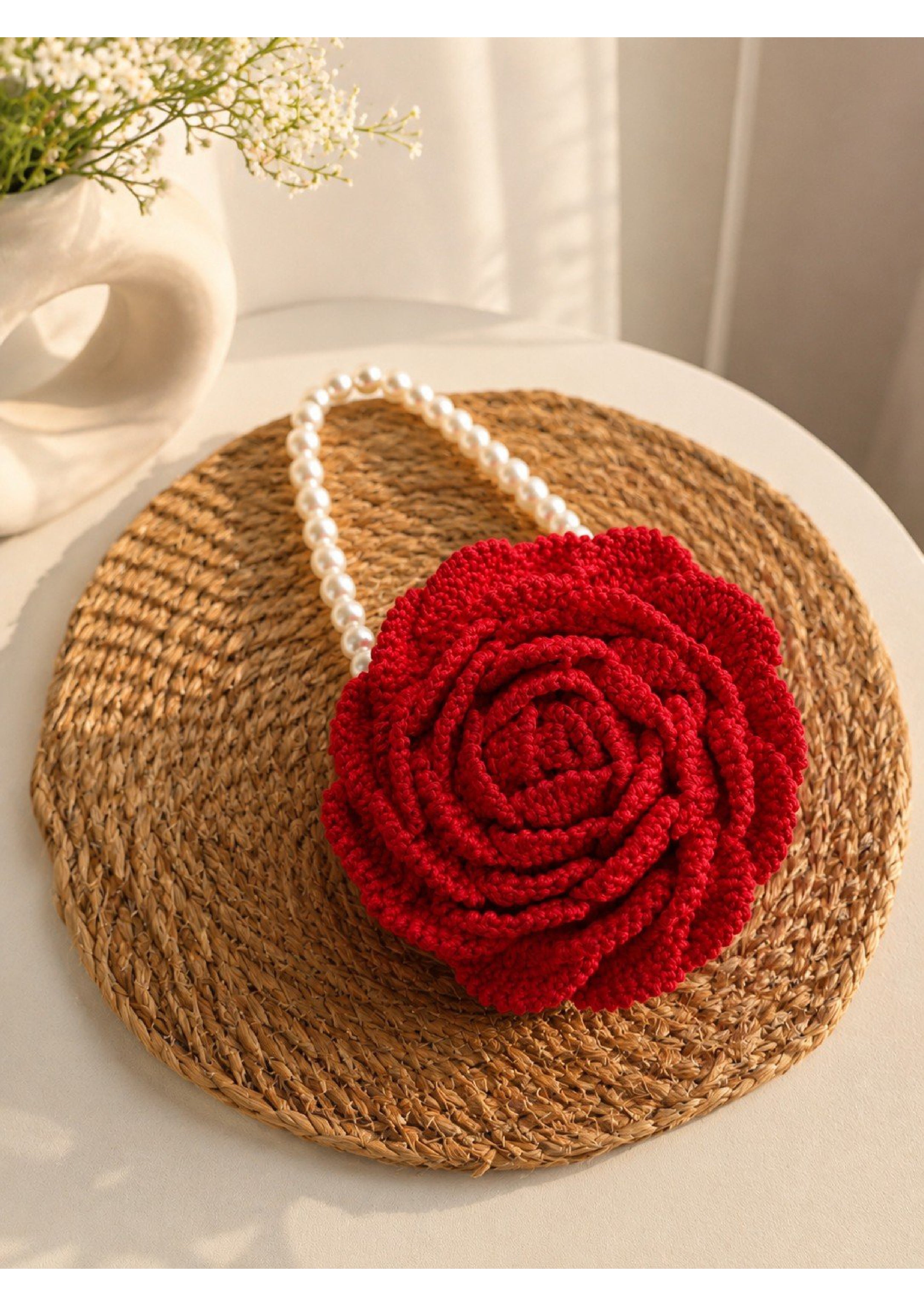 Handmade Crochet Red Rose Statement Bag – 3D Floral Purse with Pearl Handle