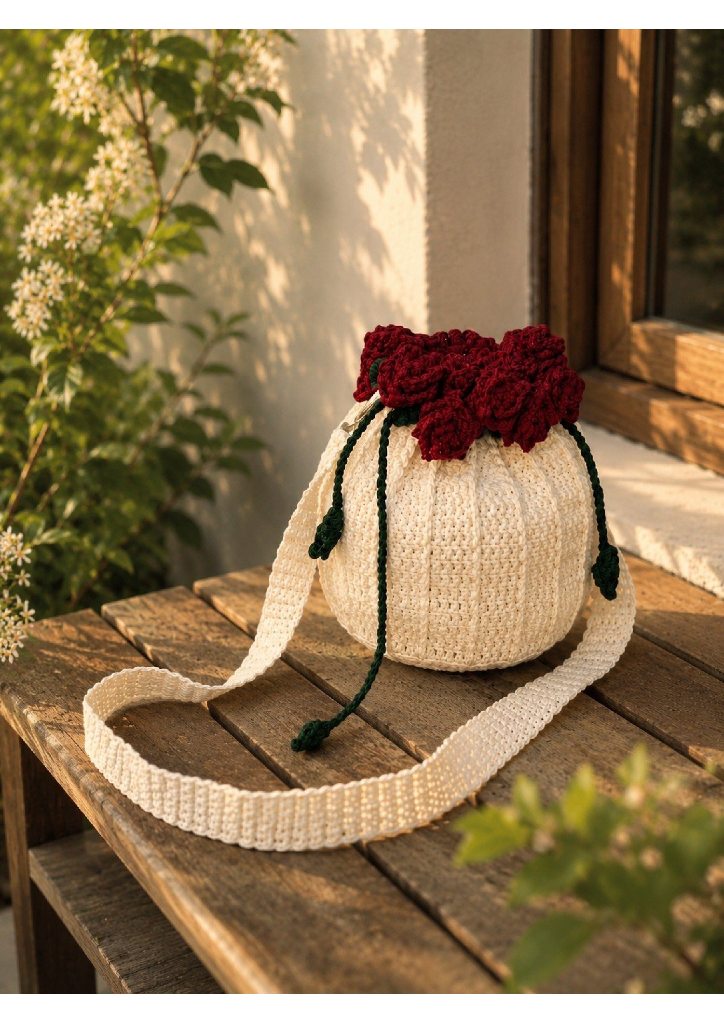Handmade Crochet Rose Bouquet Pouch Bag – Knit Drawstring Crossbody Purse