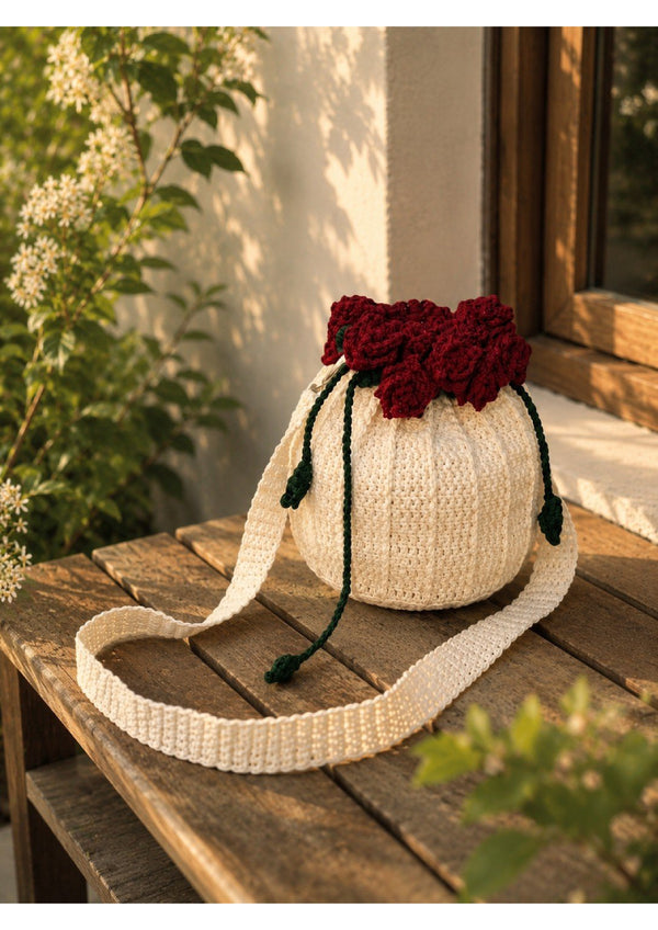 Handmade Crochet Rose Bouquet Pouch Bag – Knit Drawstring Crossbody Purse