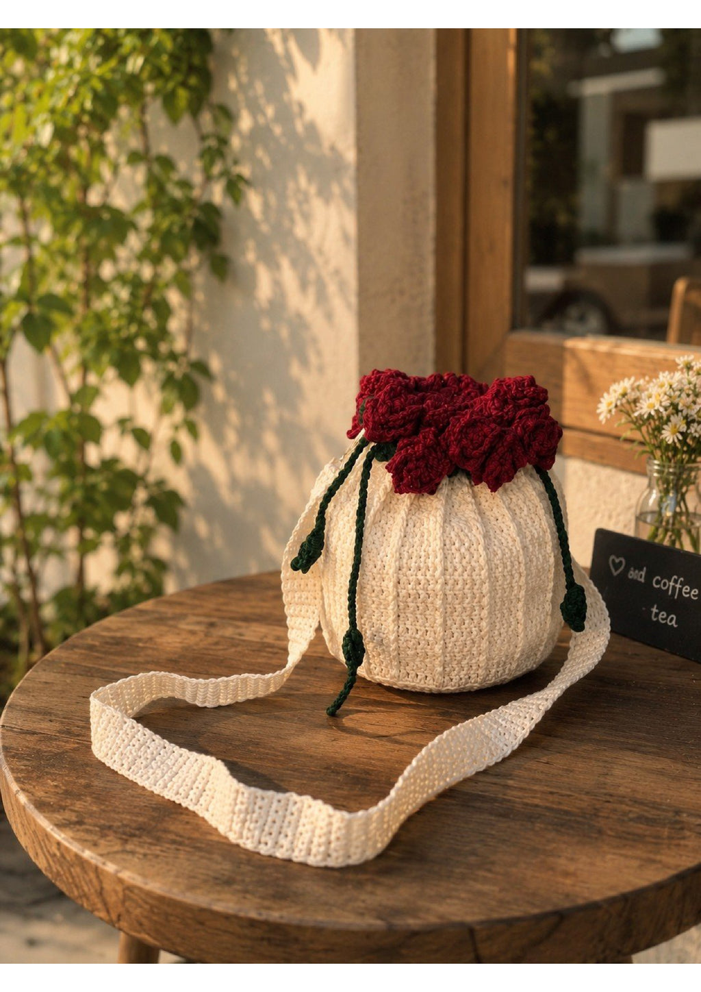 Handmade Crochet Rose Bouquet Pouch Bag – Knit Drawstring Crossbody Purse