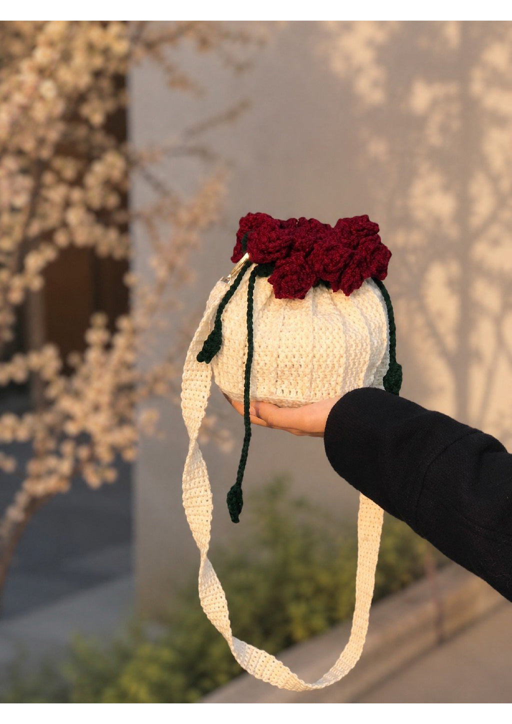 Handmade Crochet Rose Bouquet Pouch Bag – Knit Drawstring Crossbody Purse