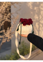 Handmade Crochet Rose Bouquet Pouch Bag – Knit Drawstring Crossbody Purse