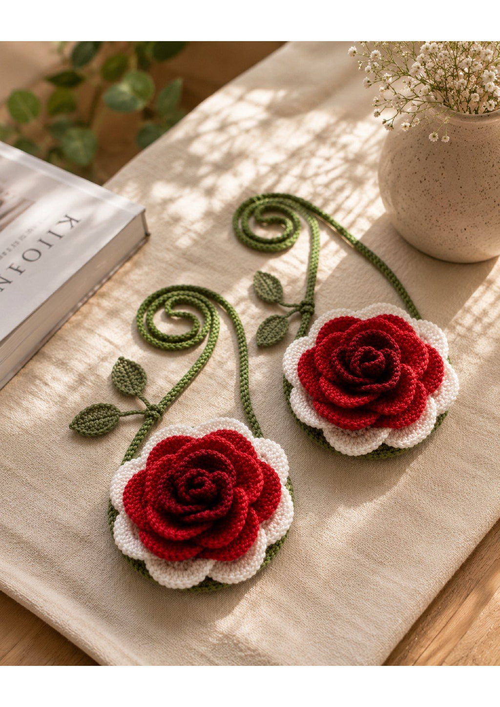 Handmade Crochet Rose Vine Crossbody Bag – Whimsical 3D Floral Pouch Purse