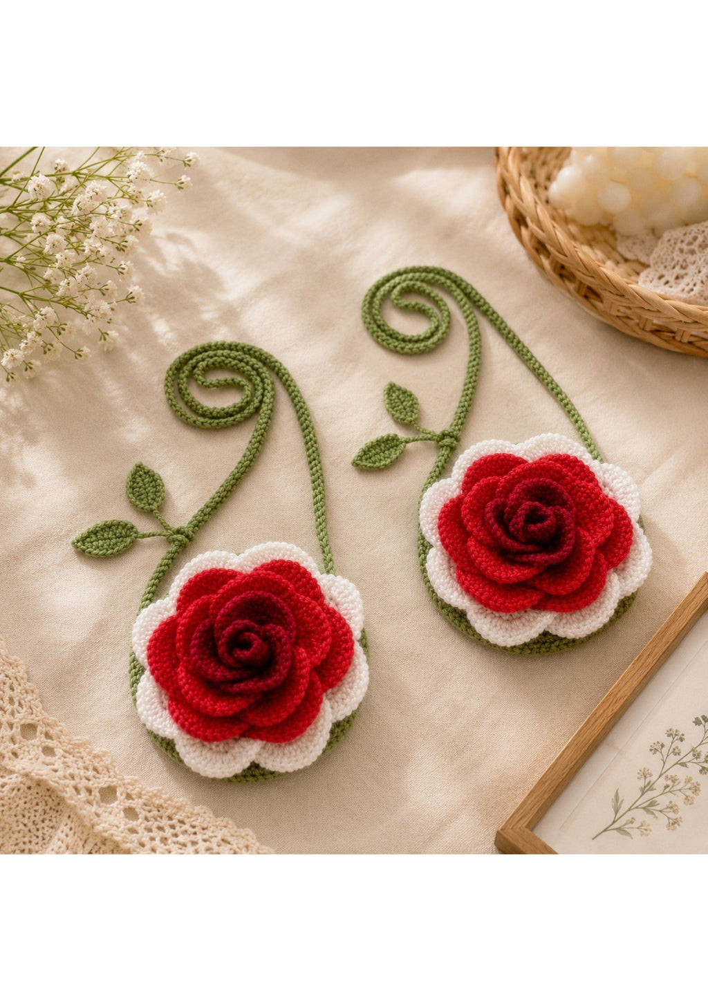 Handmade Crochet Rose Vine Crossbody Bag – Whimsical 3D Floral Pouch Purse