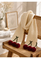 Handmade Knit Cherry Scarf with Pom-Poms – Cozy Cream Crochet Winter Muffler
