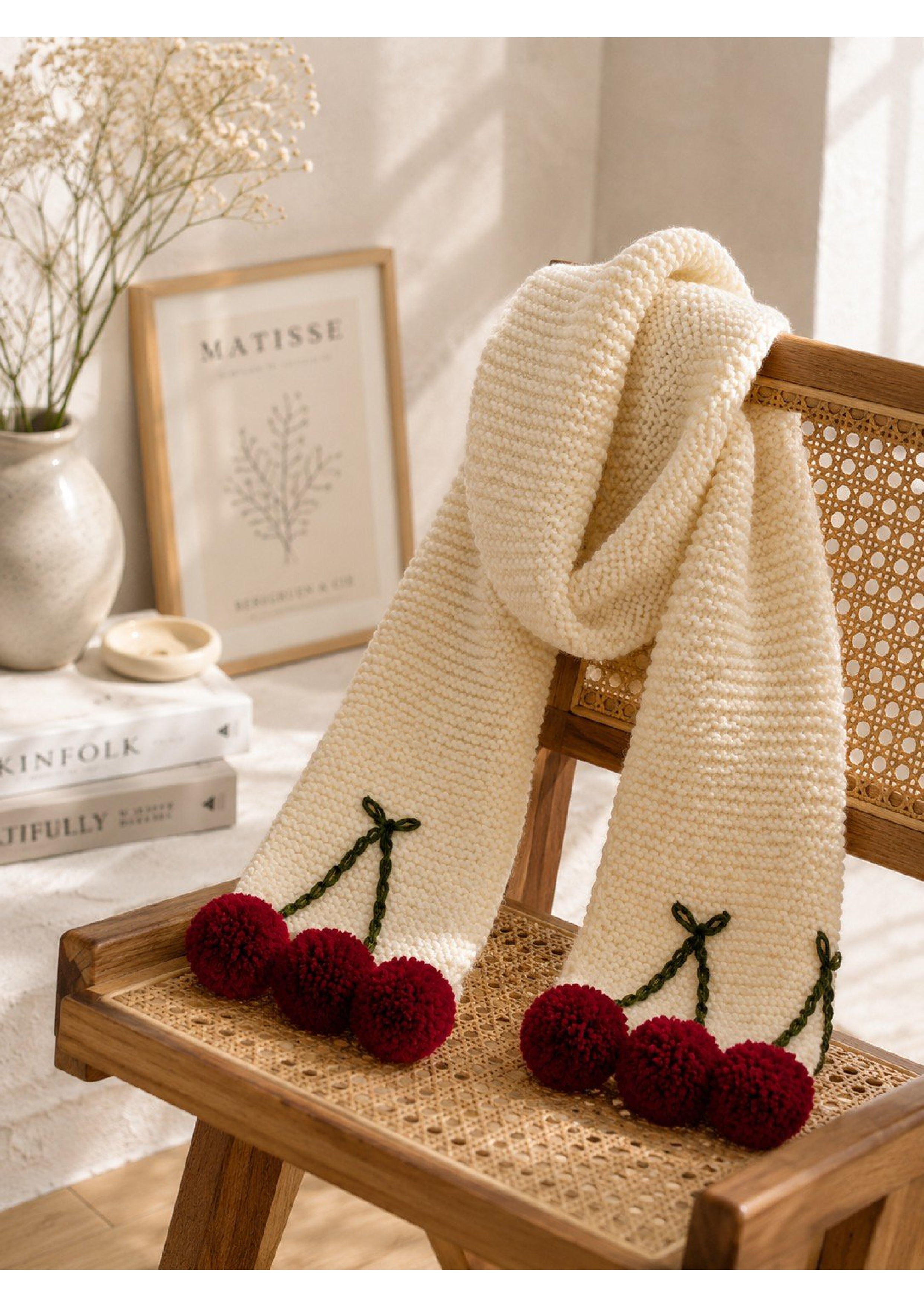 Handmade Knit Cherry Scarf with Pom-Poms – Cozy Cream Crochet Winter Muffler