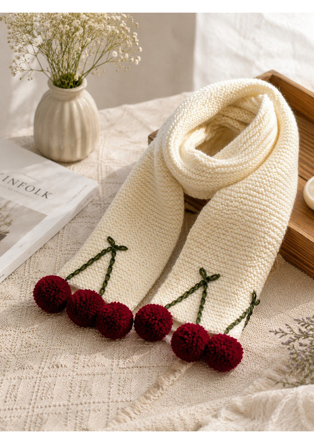 Handmade Knit Cherry Scarf with Pom-Poms – Cozy Cream Crochet Winter Muffler