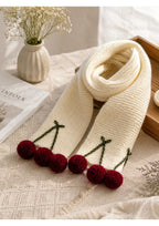 Handmade Knit Cherry Scarf with Pom-Poms – Cozy Cream Crochet Winter Muffler