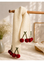 Handmade Knit Cherry Scarf with Pom-Poms – Cozy Cream Crochet Winter Muffler