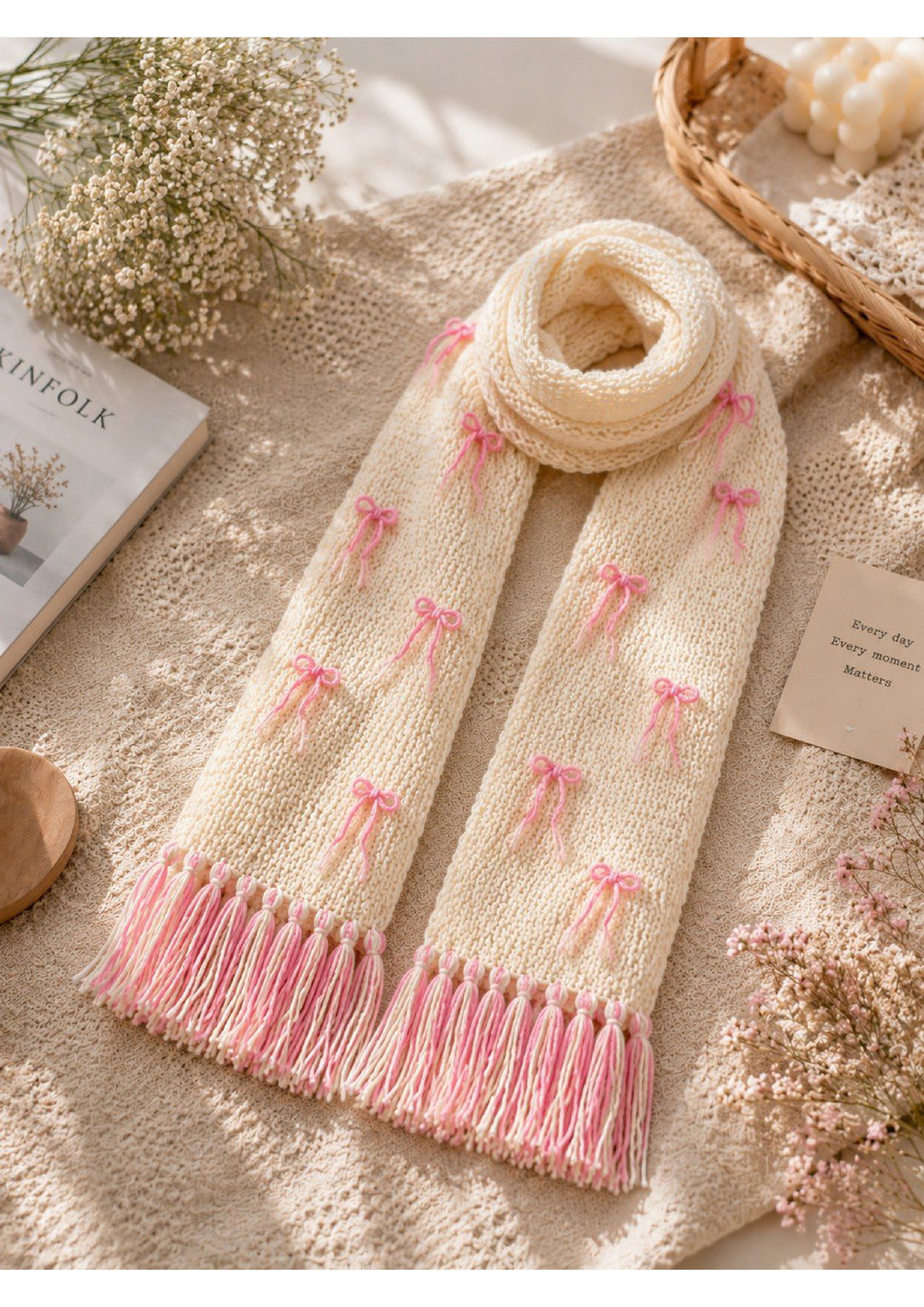 Handmade Coquette Ribbon Bow Knit Scarf – Pink & Cream Balletcore Winter Muffler