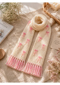 Handmade Coquette Ribbon Bow Knit Scarf – Pink & Cream Balletcore Winter Muffler