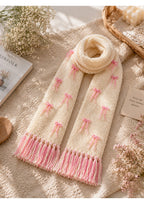 Handmade Coquette Ribbon Bow Knit Scarf – Pink & Cream Balletcore Winter Muffler