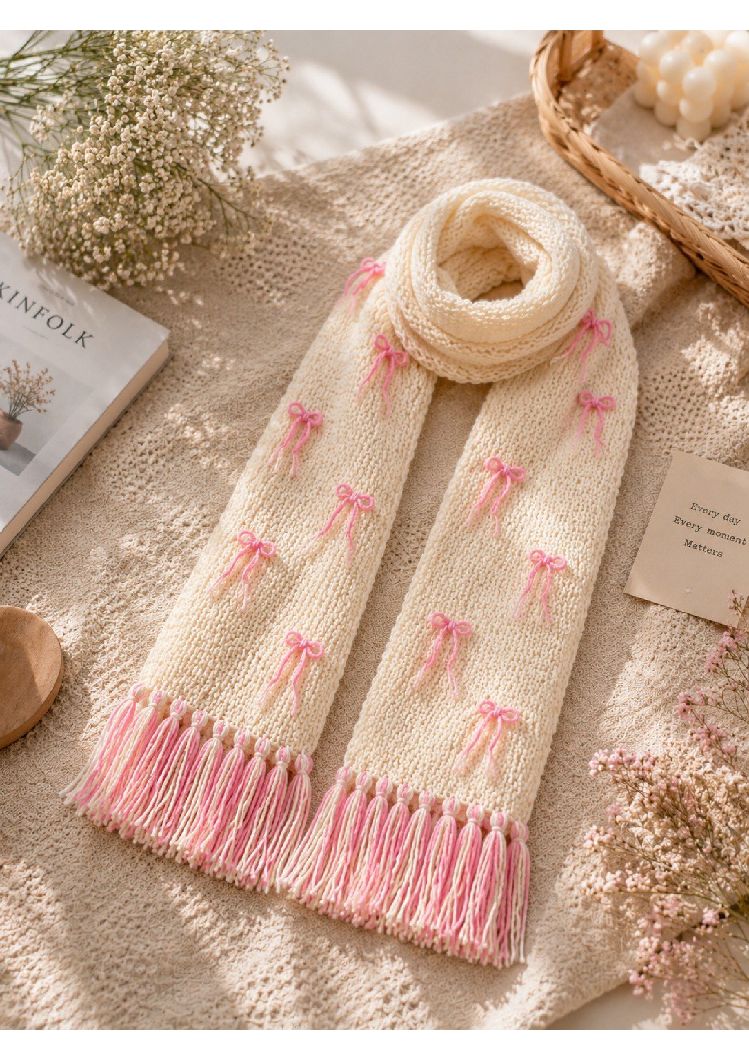 Handmade Coquette Ribbon Bow Knit Scarf – Pink & Cream Balletcore Winter Muffler