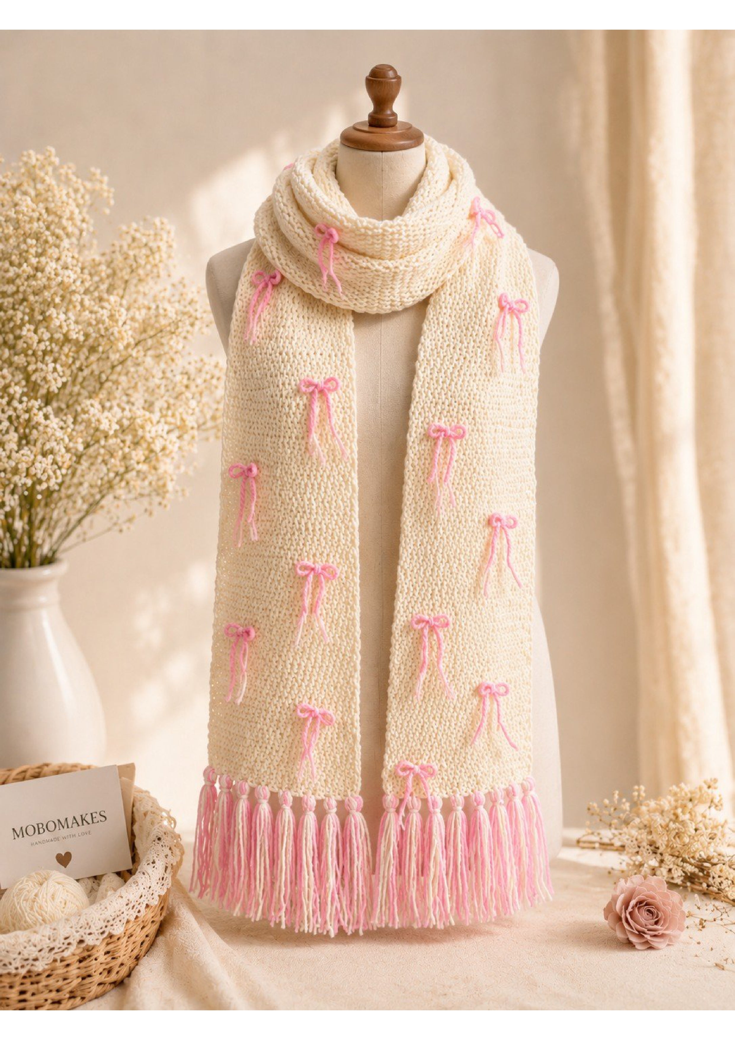 Handmade Coquette Ribbon Bow Knit Scarf – Pink & Cream Balletcore Winter Muffler