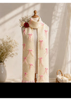 Handmade Coquette Ribbon Bow Knit Scarf – Pink & Cream Balletcore Winter Muffler