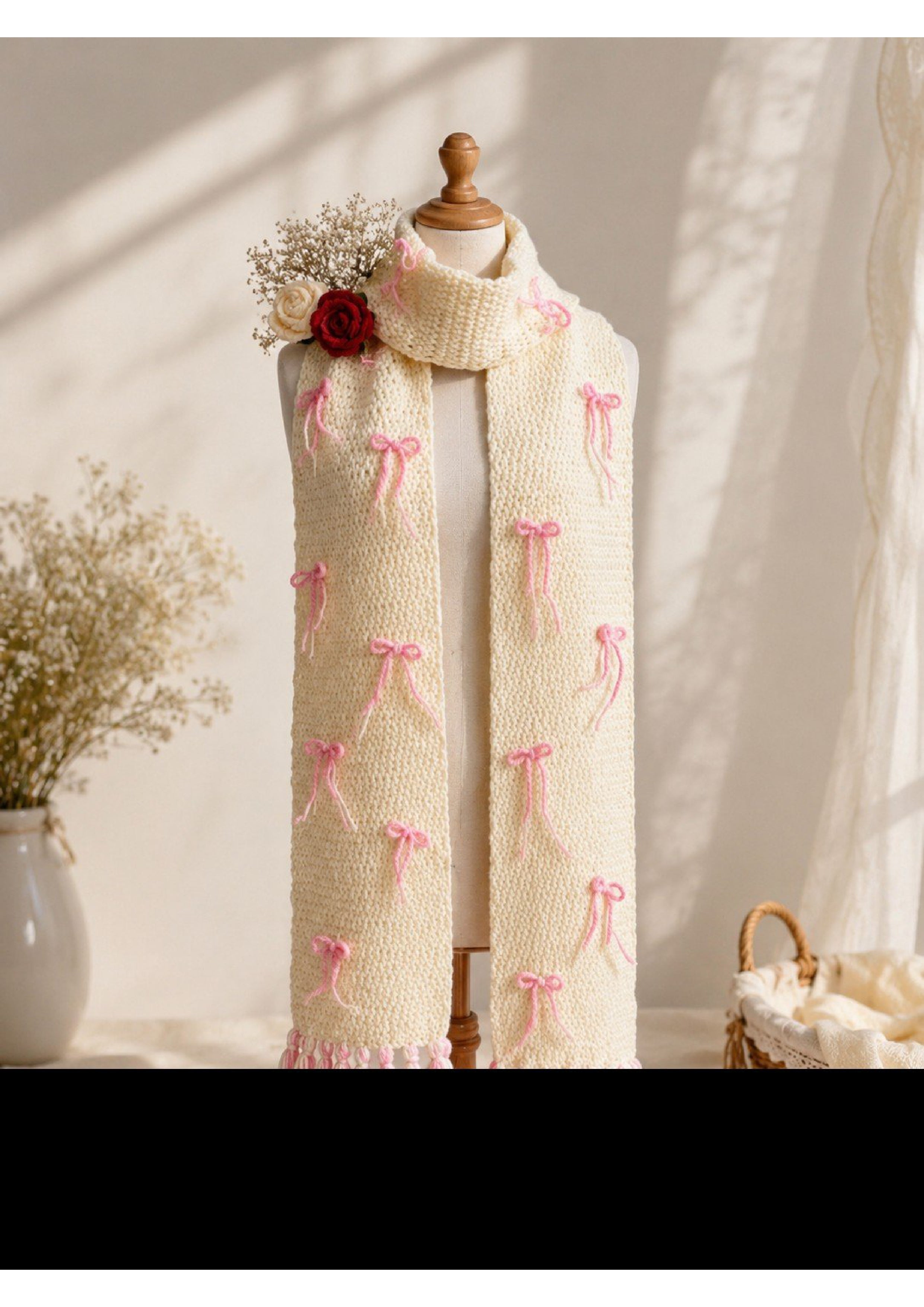 Handmade Coquette Ribbon Bow Knit Scarf – Pink & Cream Balletcore Winter Muffler