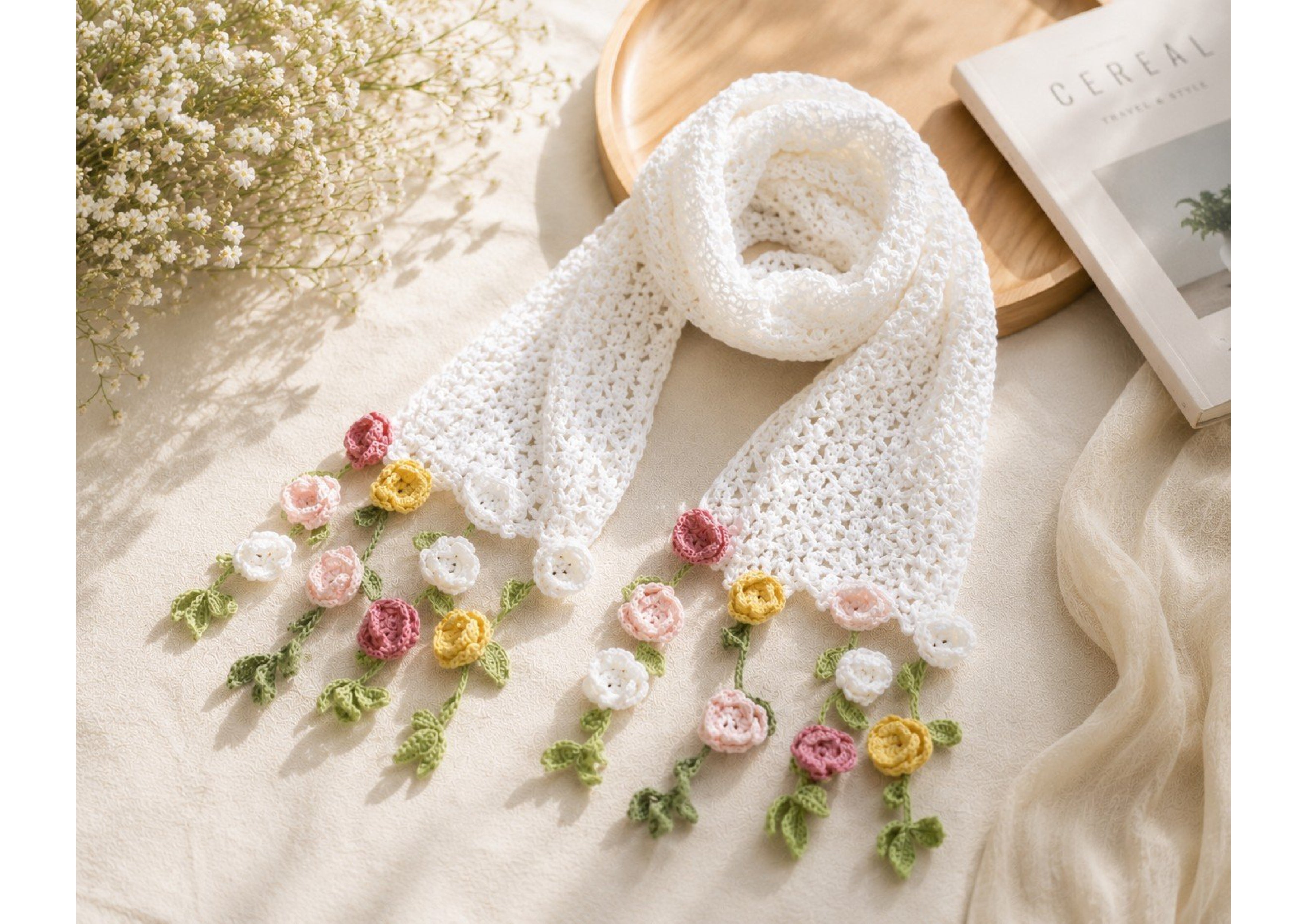 Premium Handmade Crochet Flower Accent Scarf – Lightweight Pastel Rosebud Summer/Autumn Wrap