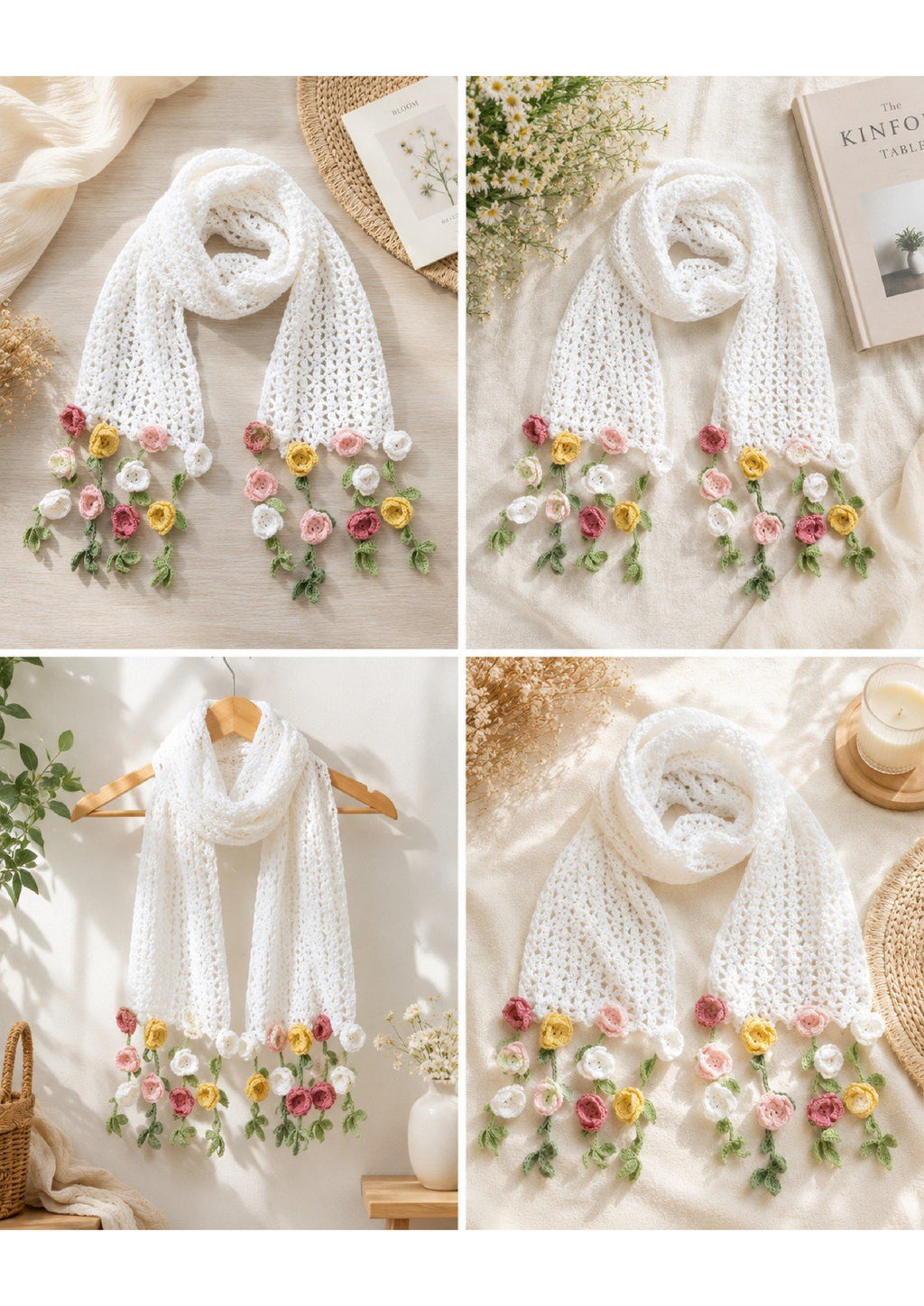 Premium Handmade Crochet Flower Accent Scarf – Lightweight Pastel Rosebud Summer/Autumn Wrap
