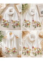Premium Handmade Crochet Flower Accent Scarf – Lightweight Pastel Rosebud Summer/Autumn Wrap