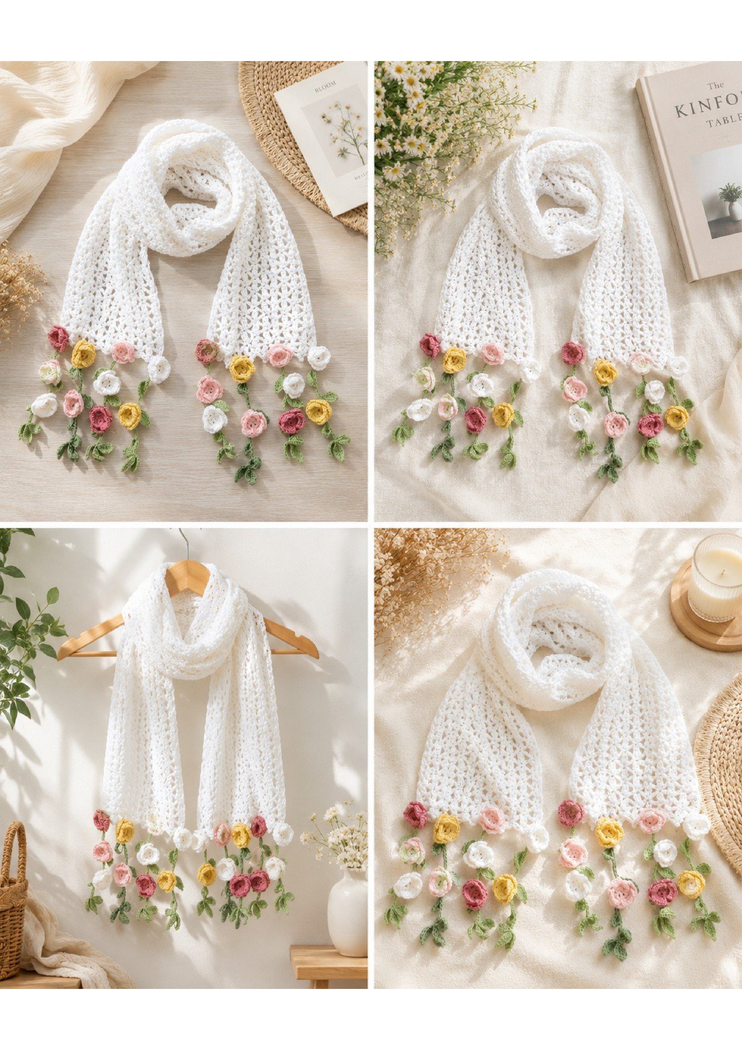 Premium Handmade Crochet Flower Accent Scarf – Lightweight Pastel Rosebud Summer/Autumn Wrap