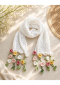 Premium Handmade Crochet Flower Accent Scarf – Lightweight Pastel Rosebud Summer/Autumn Wrap