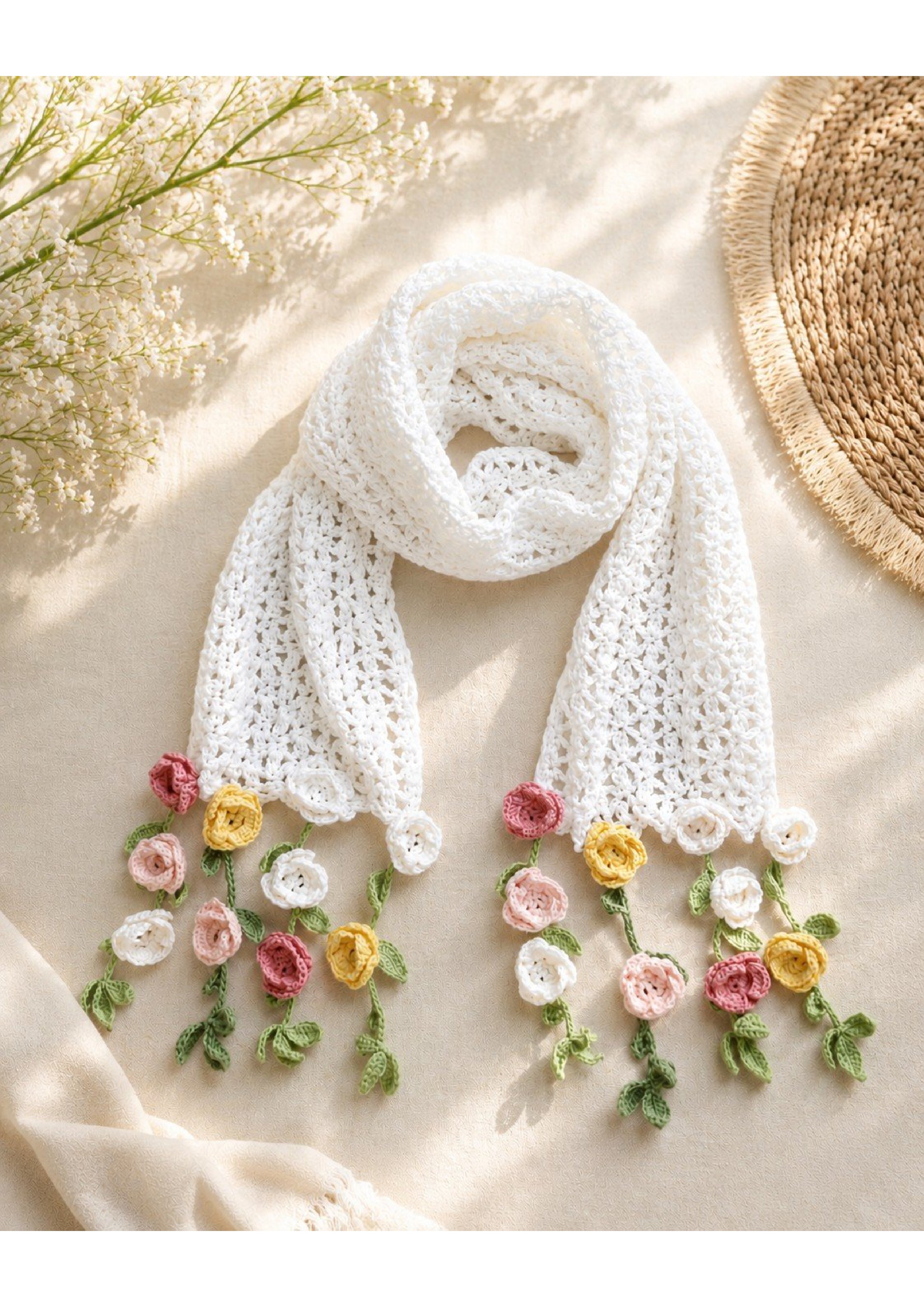 Premium Handmade Crochet Flower Accent Scarf – Lightweight Pastel Rosebud Summer/Autumn Wrap