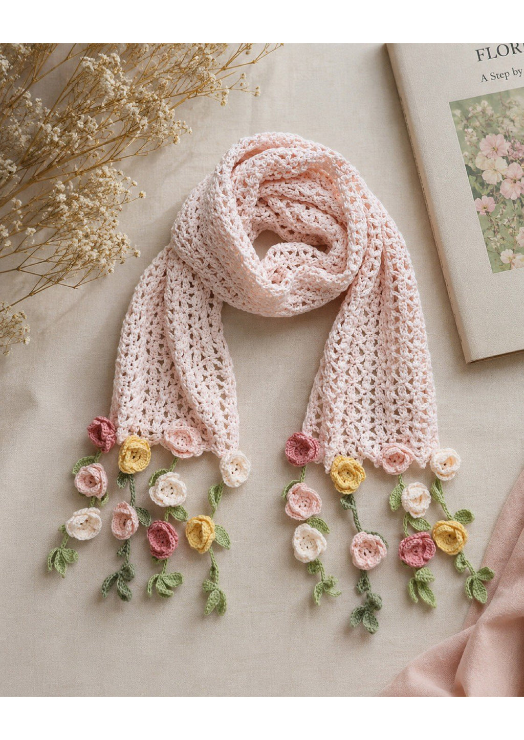 Handmade Blush Pink Crochet Lace Scarf – 3D Floral Meadow Accent Muffler