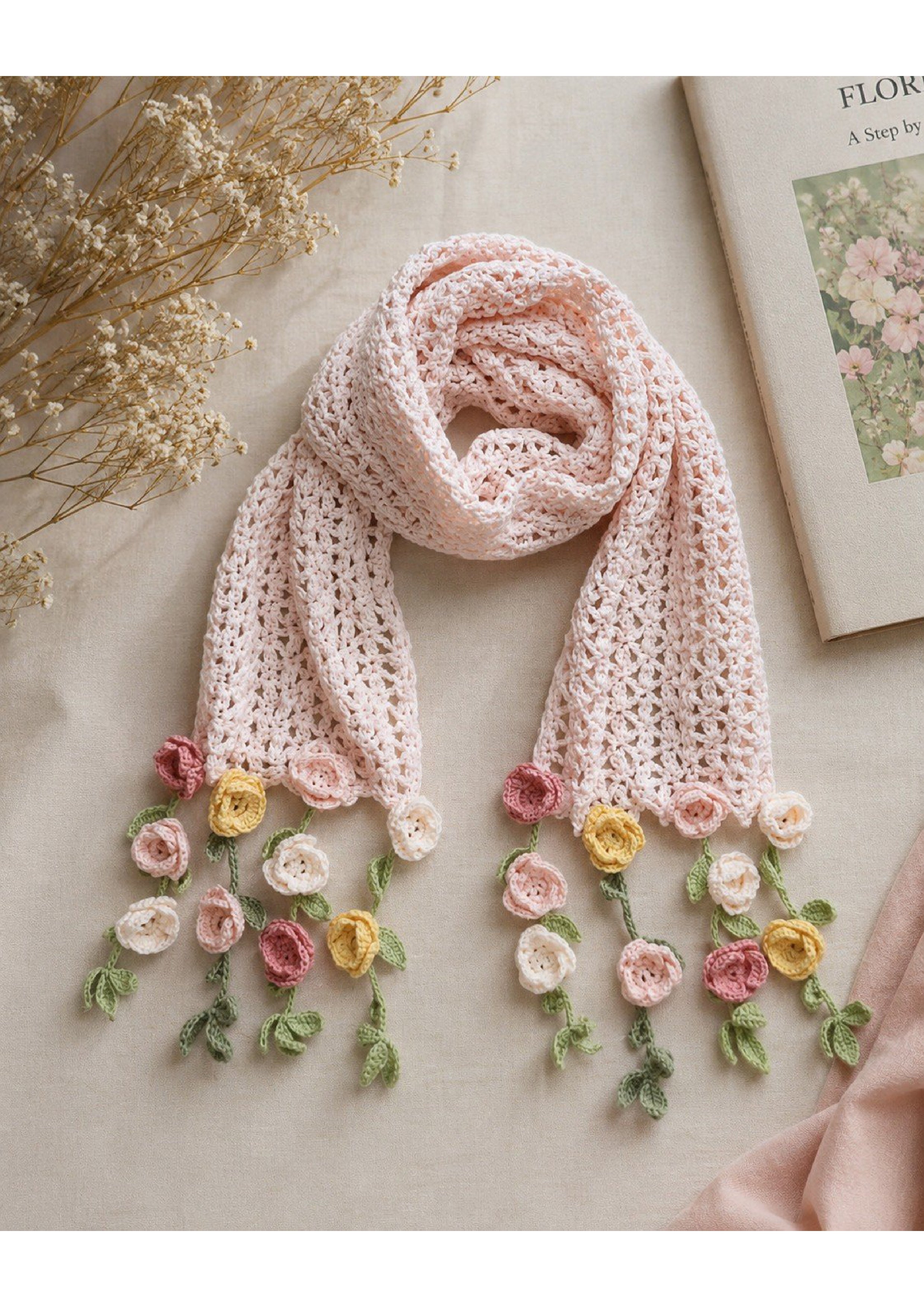 Handmade Blush Pink Crochet Lace Scarf – 3D Floral Meadow Accent Muffler