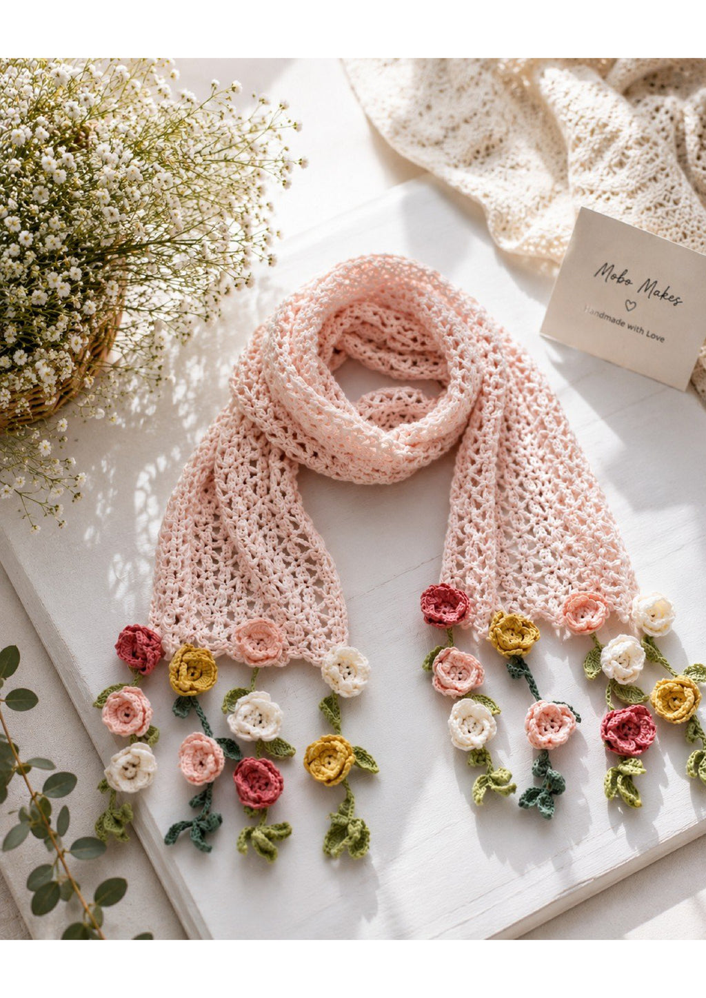 Handmade Blush Pink Crochet Lace Scarf – 3D Floral Meadow Accent Muffler