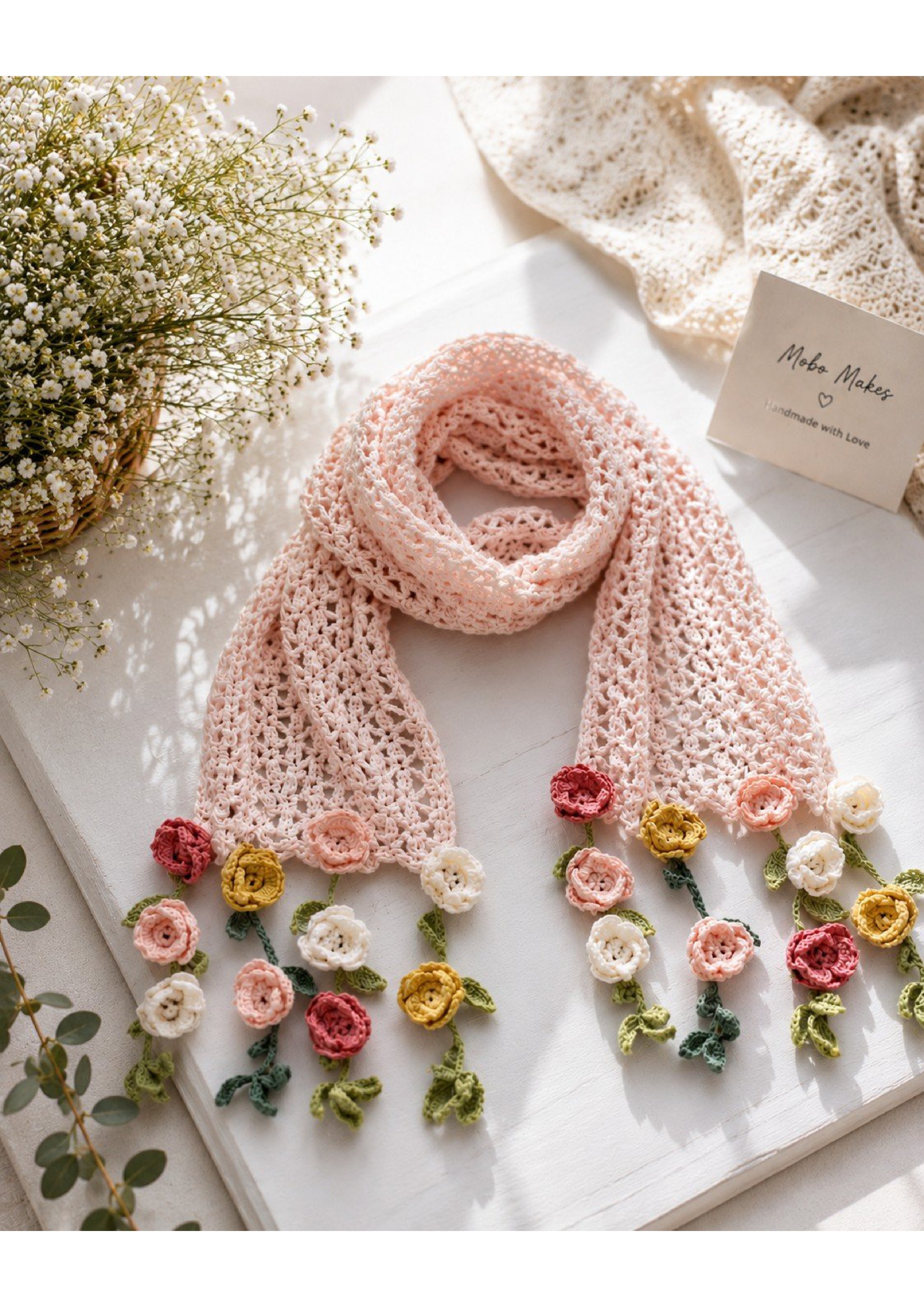 Handmade Blush Pink Crochet Lace Scarf – 3D Floral Meadow Accent Muffler