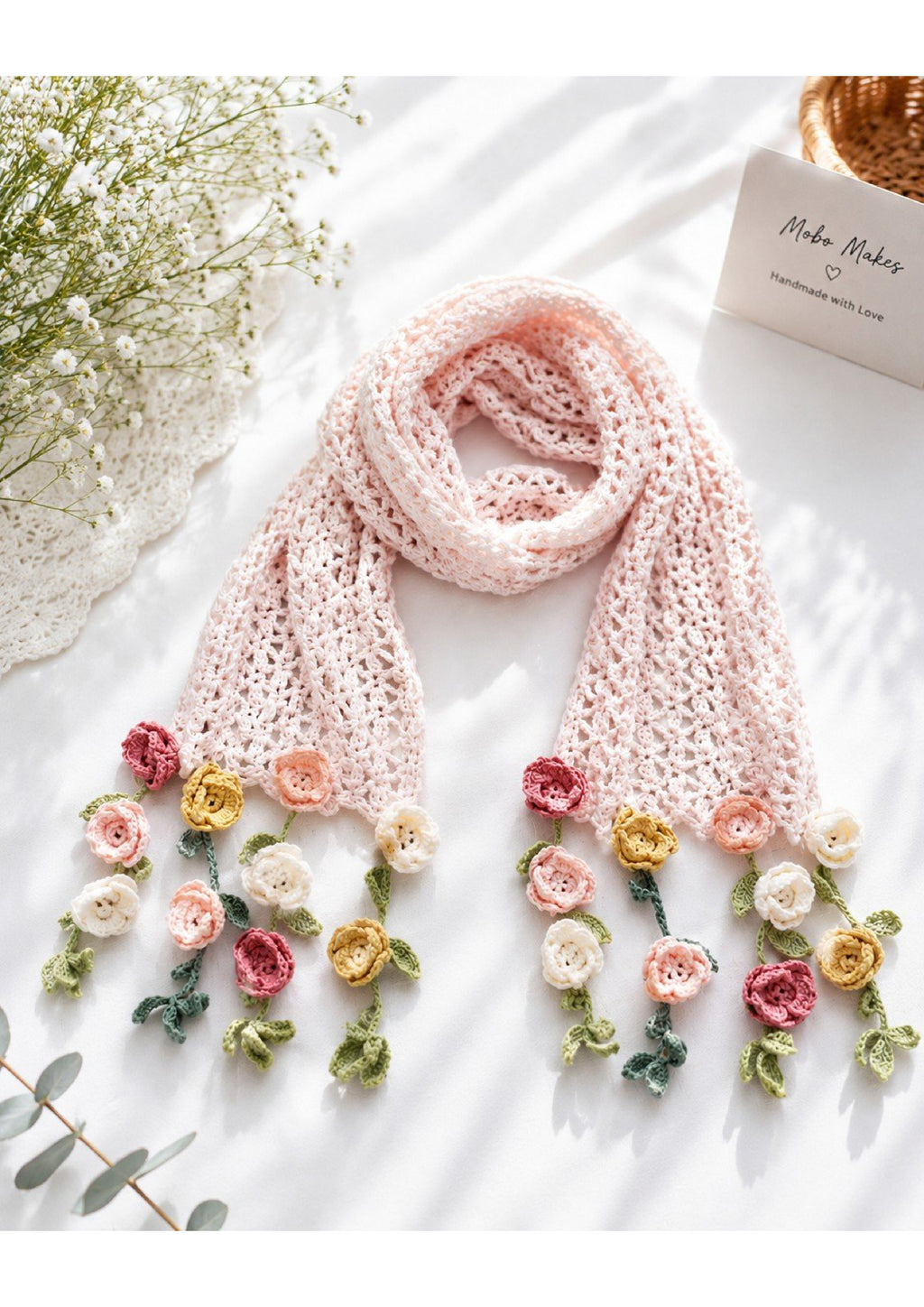 Handmade Blush Pink Crochet Lace Scarf – 3D Floral Meadow Accent Muffler