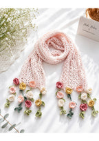 Handmade Blush Pink Crochet Lace Scarf – 3D Floral Meadow Accent Muffler