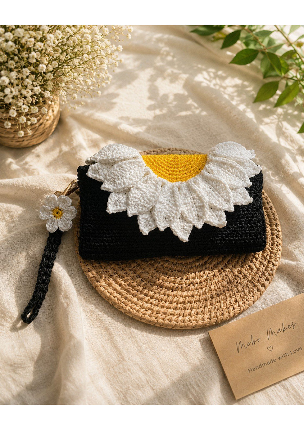 Handmade Crochet Daisy Wristlet Clutch – Sunflower Knit Envelope Pouch Bag
