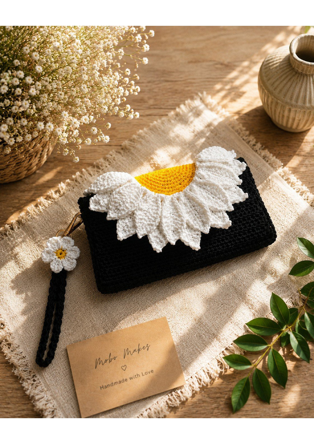 Handmade Crochet Daisy Wristlet Clutch – Sunflower Knit Envelope Pouch Bag