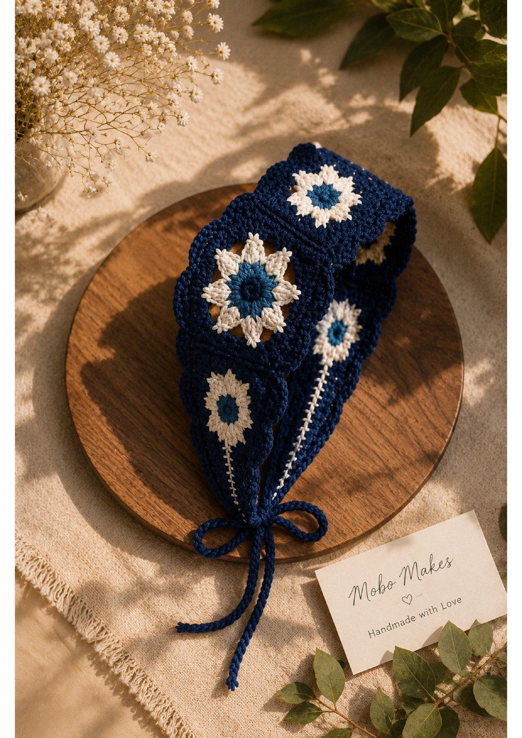 Handmade Crochet Granny Square Headband – Boho Knit Flower Hair Bandana